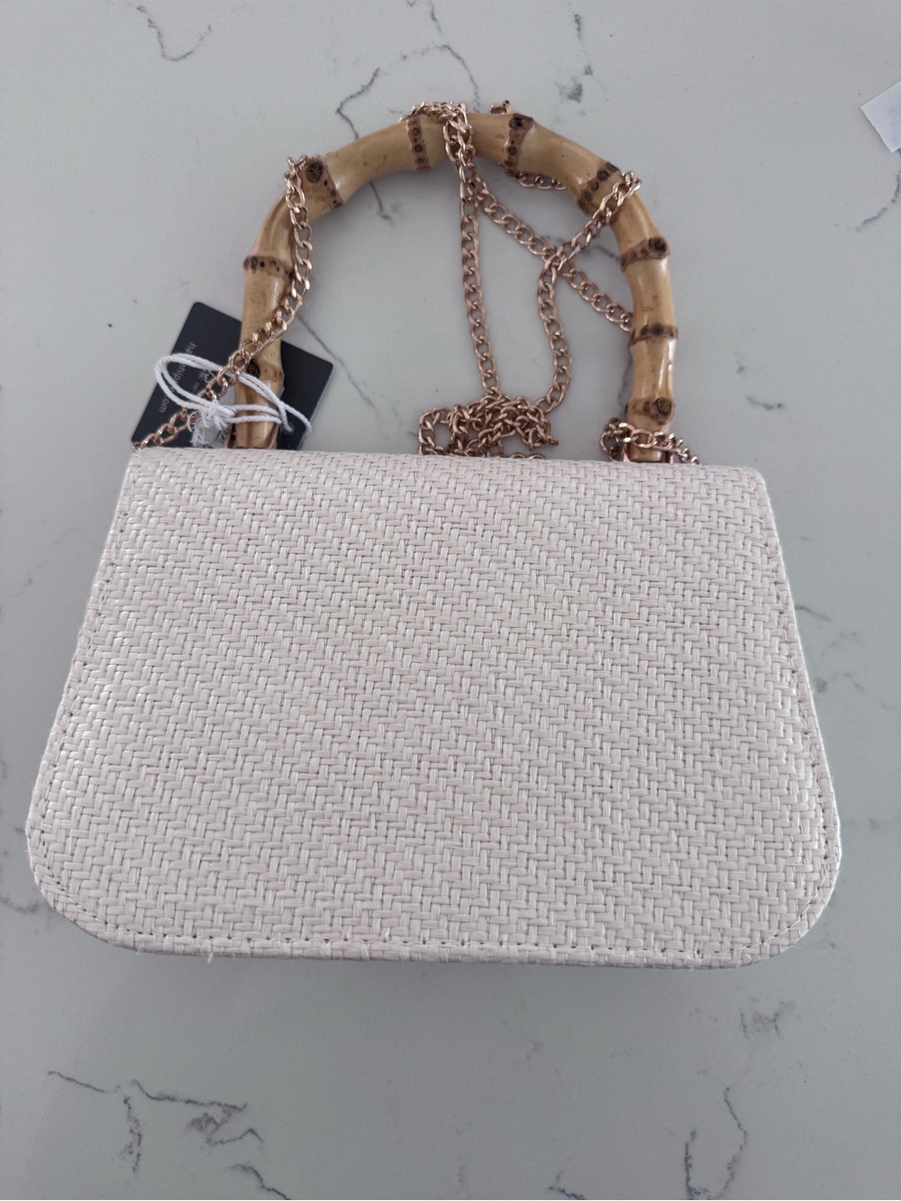 NWT Haute Hippie Floral Woven Bamboo Handle Crossbody Bag Cream - Picture 2 of 5